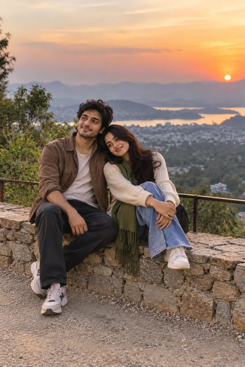 Divya and Ishaan watching the sunset over the lake